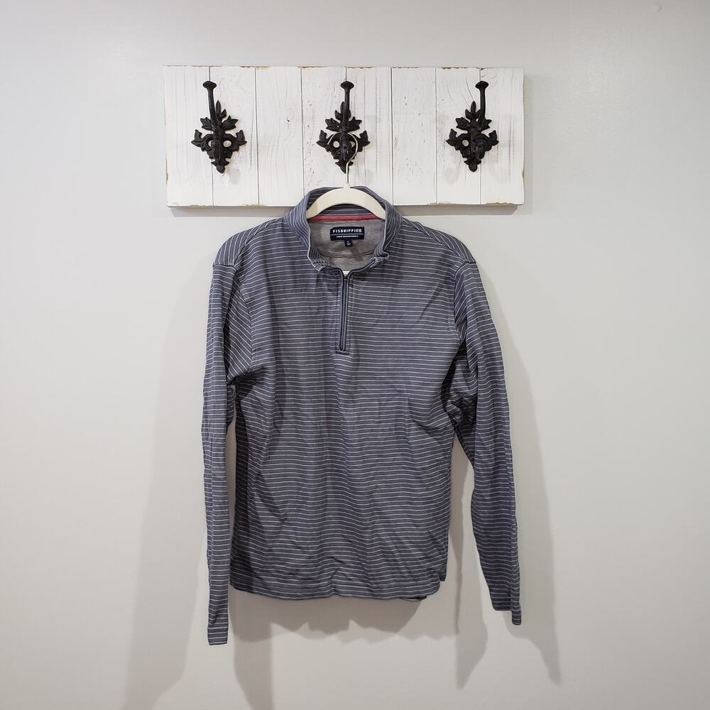 Fish Hippie Quarter Zip Pullover Gray Blue Stripe Long Sleeve Shirt Men’s Large